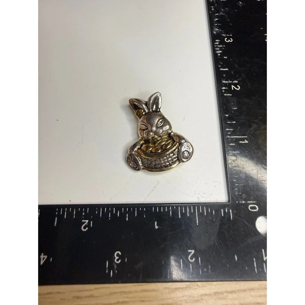 Vintage Easter Bunny Brooch Basket Golden Eggs Two Tone Silver Gold Pin